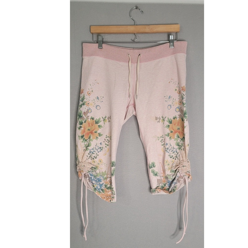 Lucky Brand Cropped Sweatpants S Pink Floral Ruched Capri Joggers Big Bang